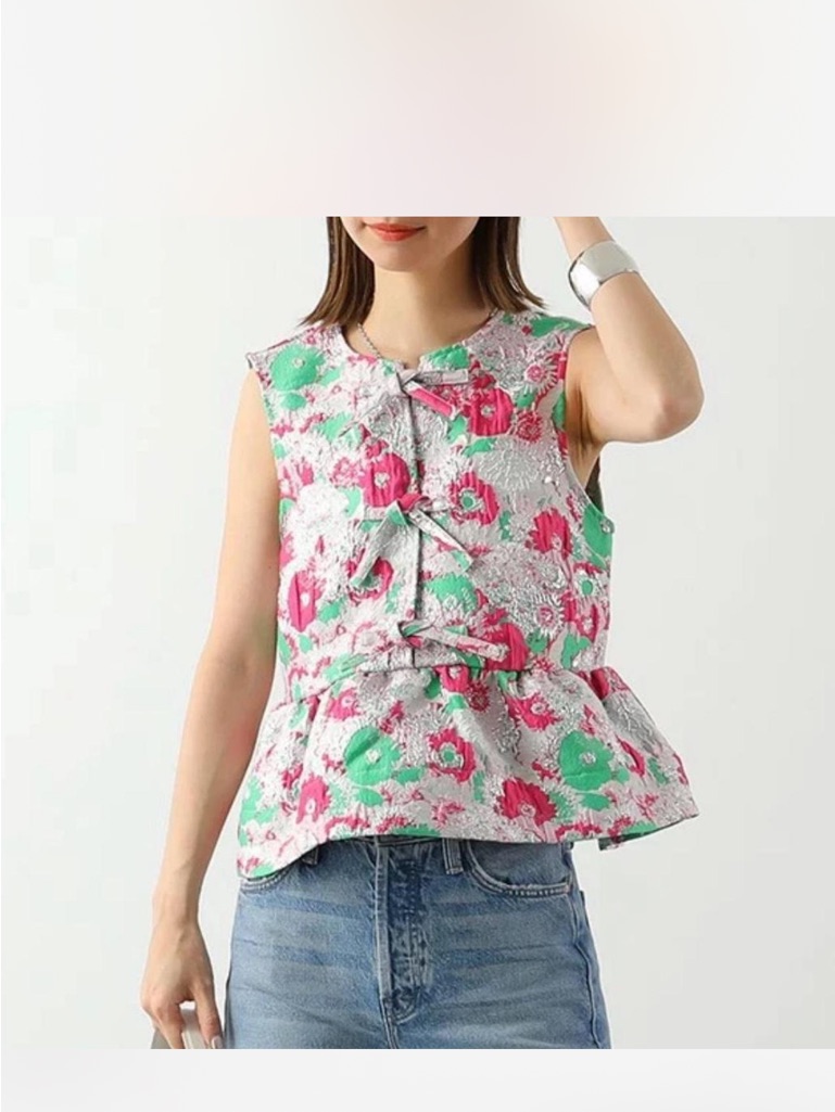 Ganni Pink & Mint Floral Bow-Front Peplum Sleeveless Top